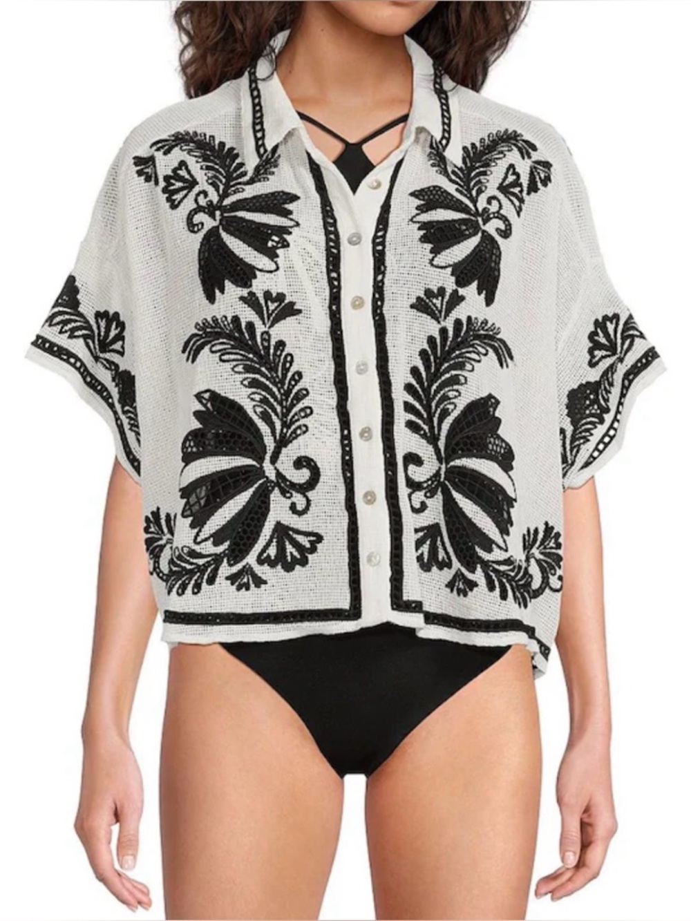FARM Rio White Black Copacabana Beach Off-White Fishnet Blouse